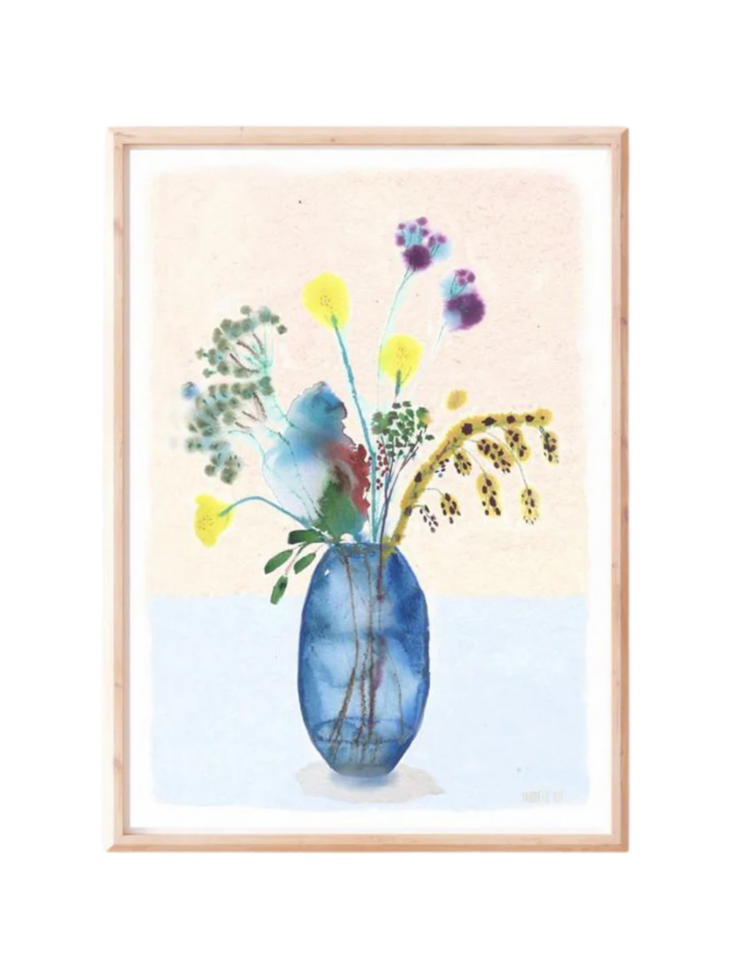 Blå og beige baggrund med blå vase og fine gule, grønne og lilla blomster