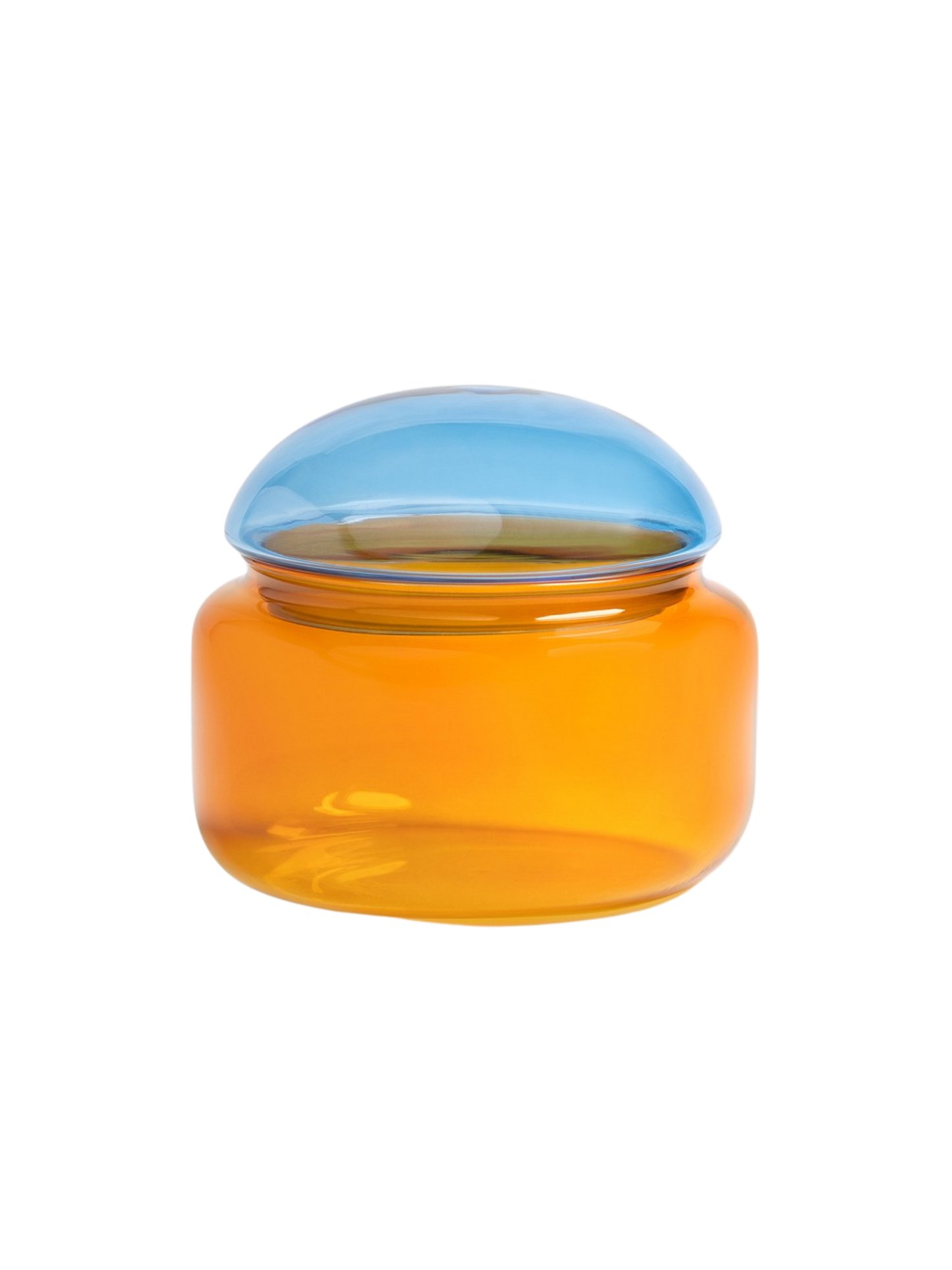 Orange glaskrukke med blåt låg