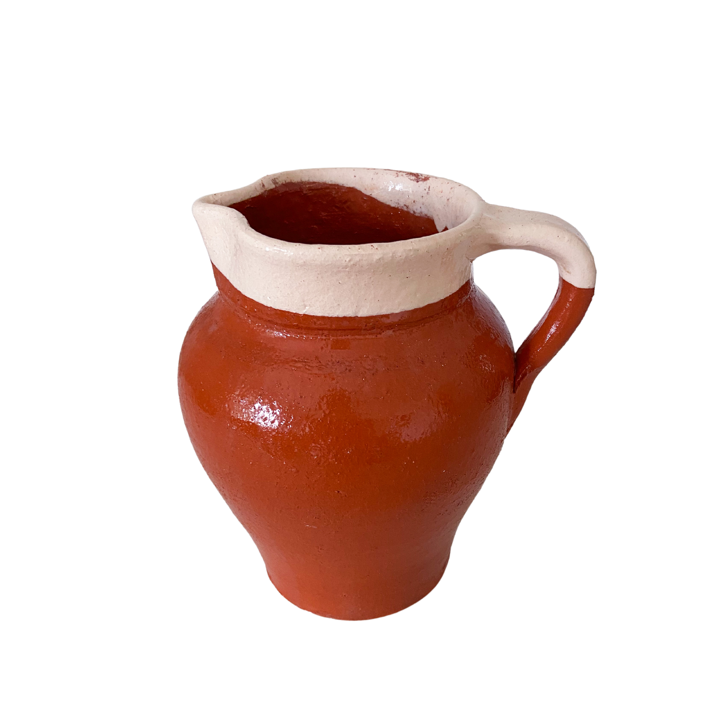 Håndlavet kande i terracotta og hvid øverst