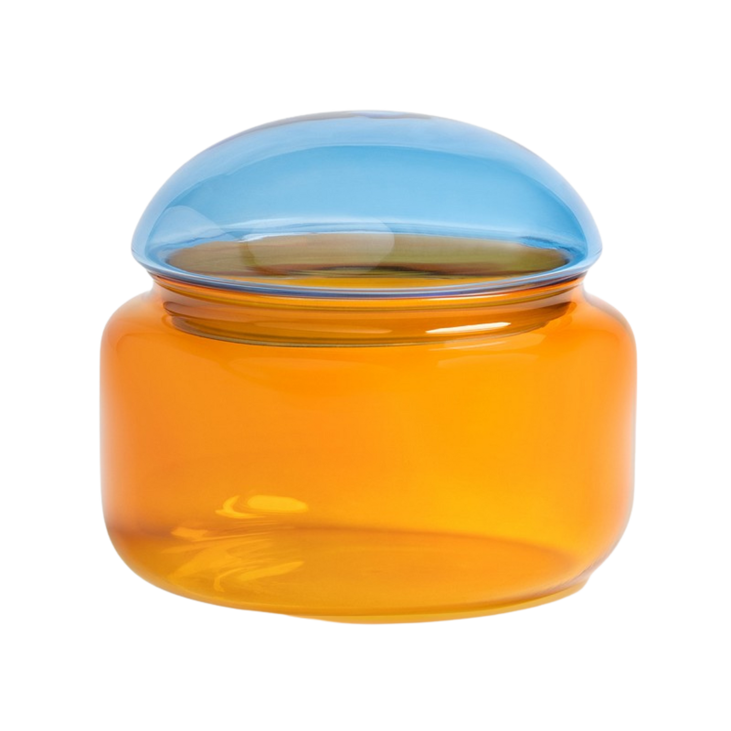 Orange glaskrukke med blåt låg
