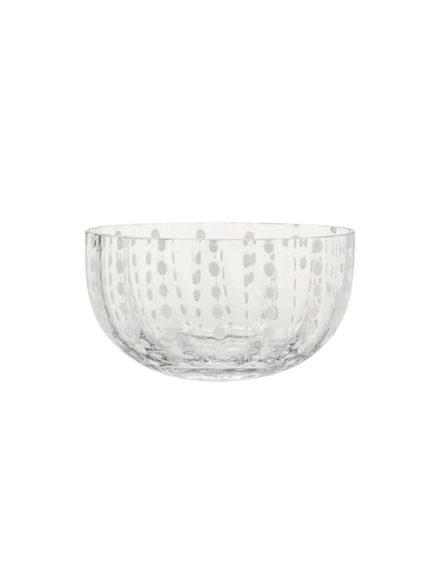 Gennemsigtigt glasskål med hvide prikker der ligner perler