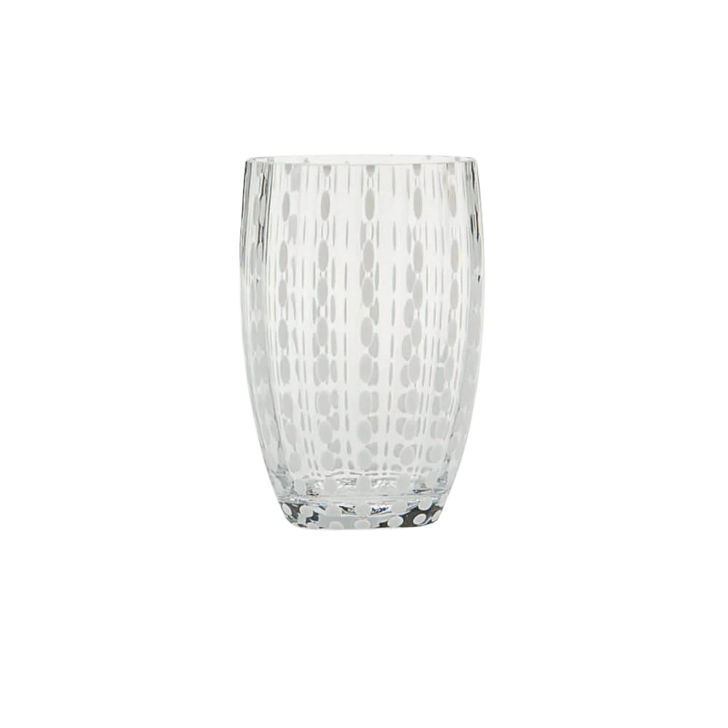 Gennemsigtigt glas med hvide prikker der ligner perler