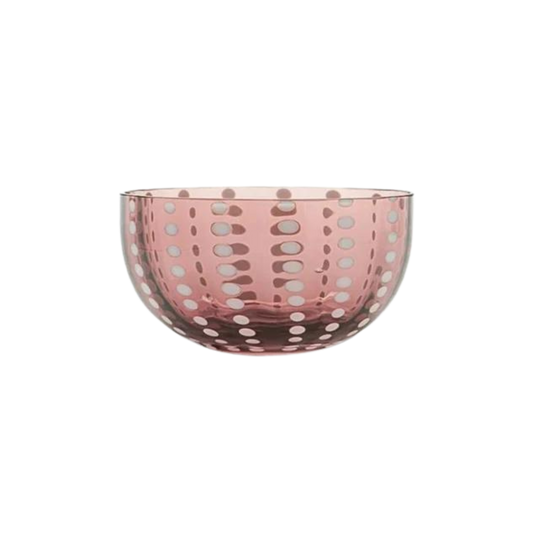 Glas skål i farven Amethyst med hvide glas perler udtryk